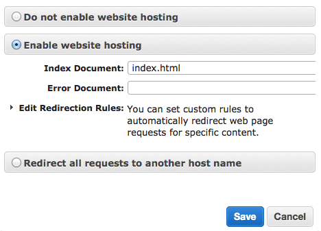 Static Website Hosting settings in the AWS console