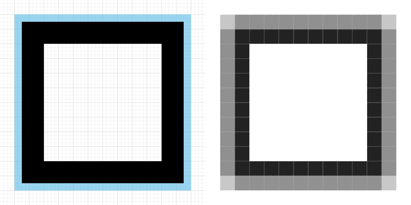 Vector design offset by a half-pixel on the outside, causing blurred pixels on the outer border.